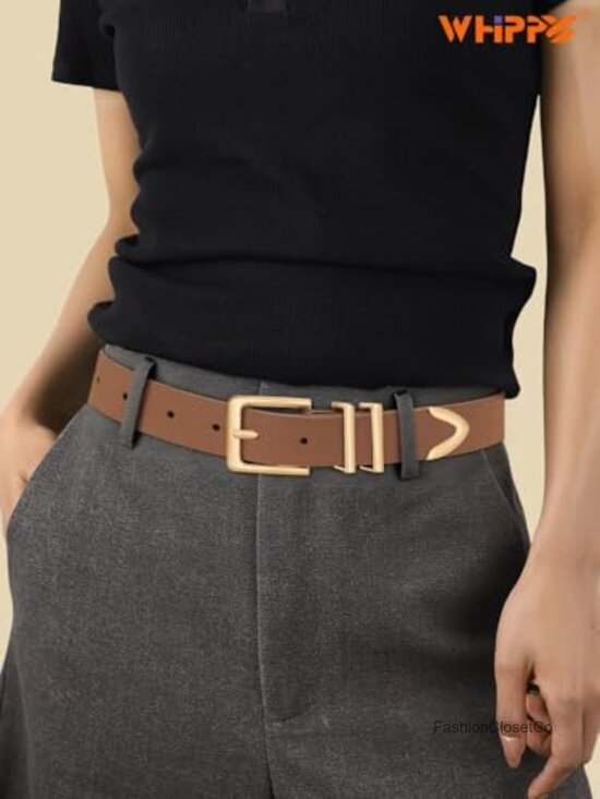 Women\'s Brown Leather Belt with Gold Buckle by main image 6